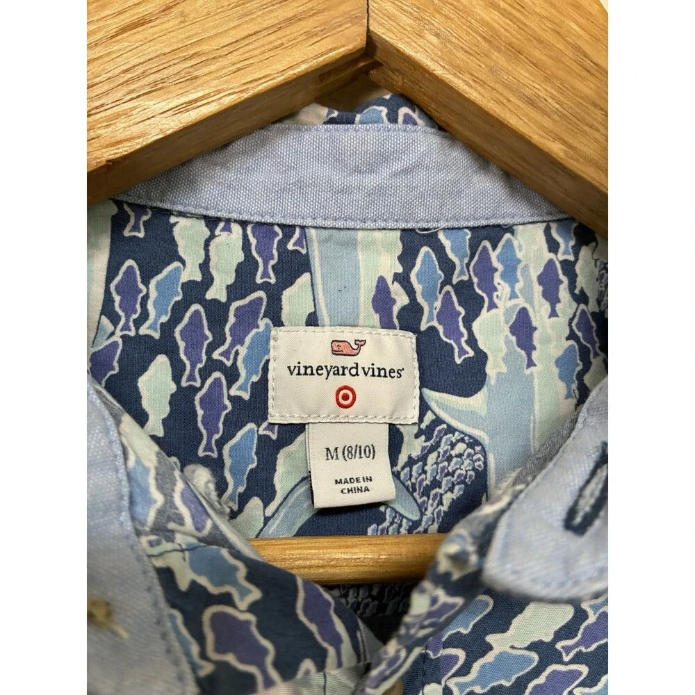 Vineyard Vines Boys Sz Medium 8/10 Collard Button Up With Sharks & Fish